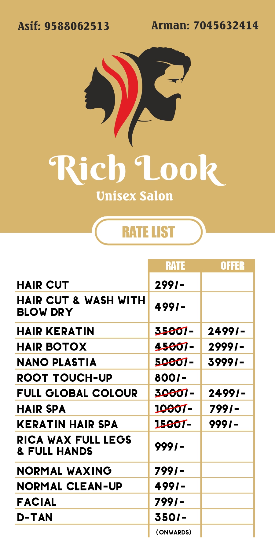 Menu Board Design for Rich Look Salon by Freelance Graphic Designer Creativo Camaal from Mumbai India
